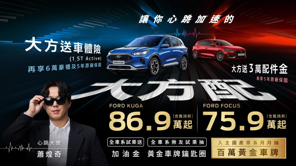 Ford Kuga 1.5T Active限時優惠！享6萬豪禮再抽百萬黃金車牌、送車體險與原廠保固