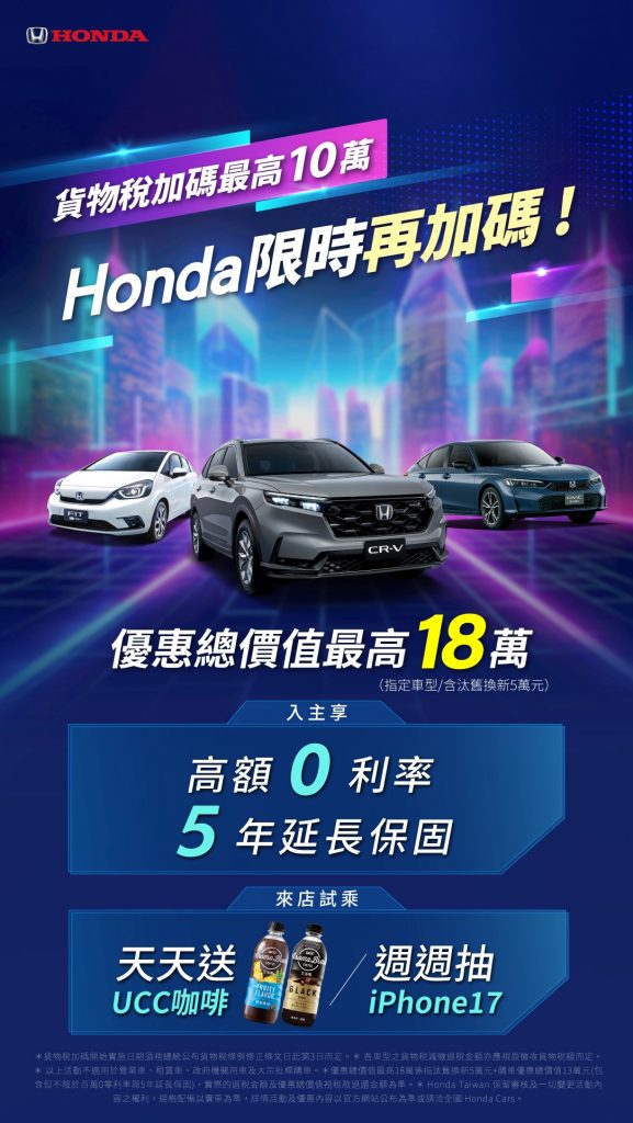 Honda Taiwan限時回饋啟動！貨物稅減免搭配指定車型最高享18萬超值禮遇